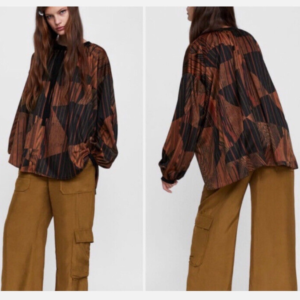 Zara Basic Oversized Blouse Shirt Tunic Boho Brown Geometric Size Small